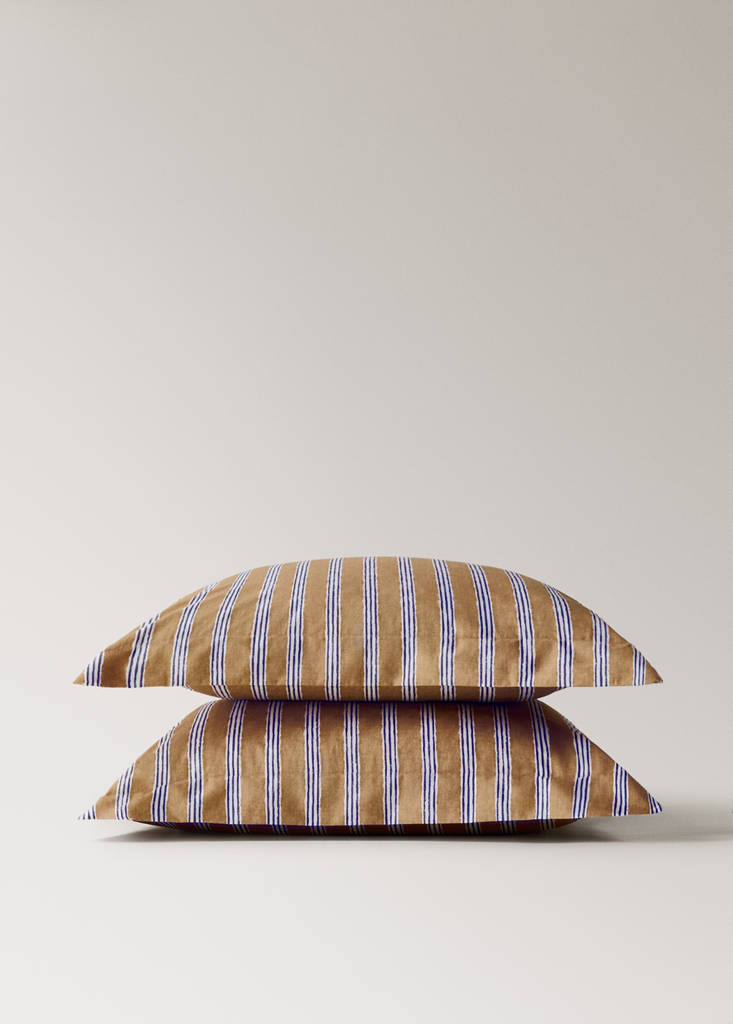 Two tricolour striped percale cotton pillowcases 60x60 cm — Ochre