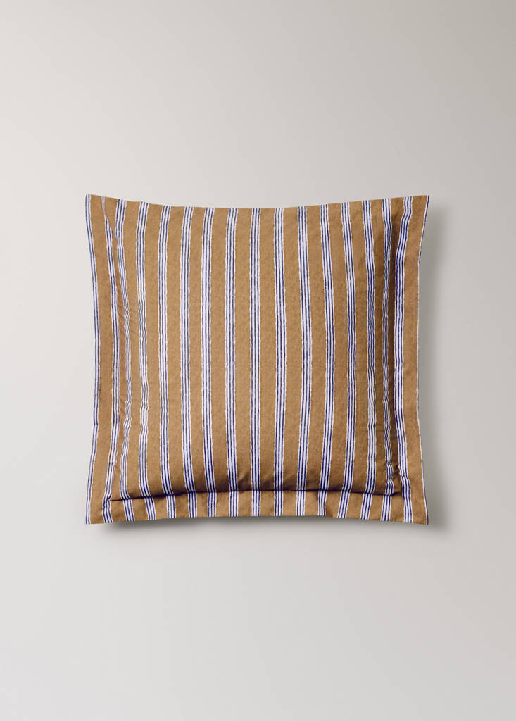 Two tricolour striped percale cotton pillowcases 60x60 cm — Ochre