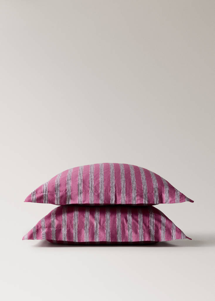Two tricolour striped percale cotton pillowcases 60x60 cm — Cherry