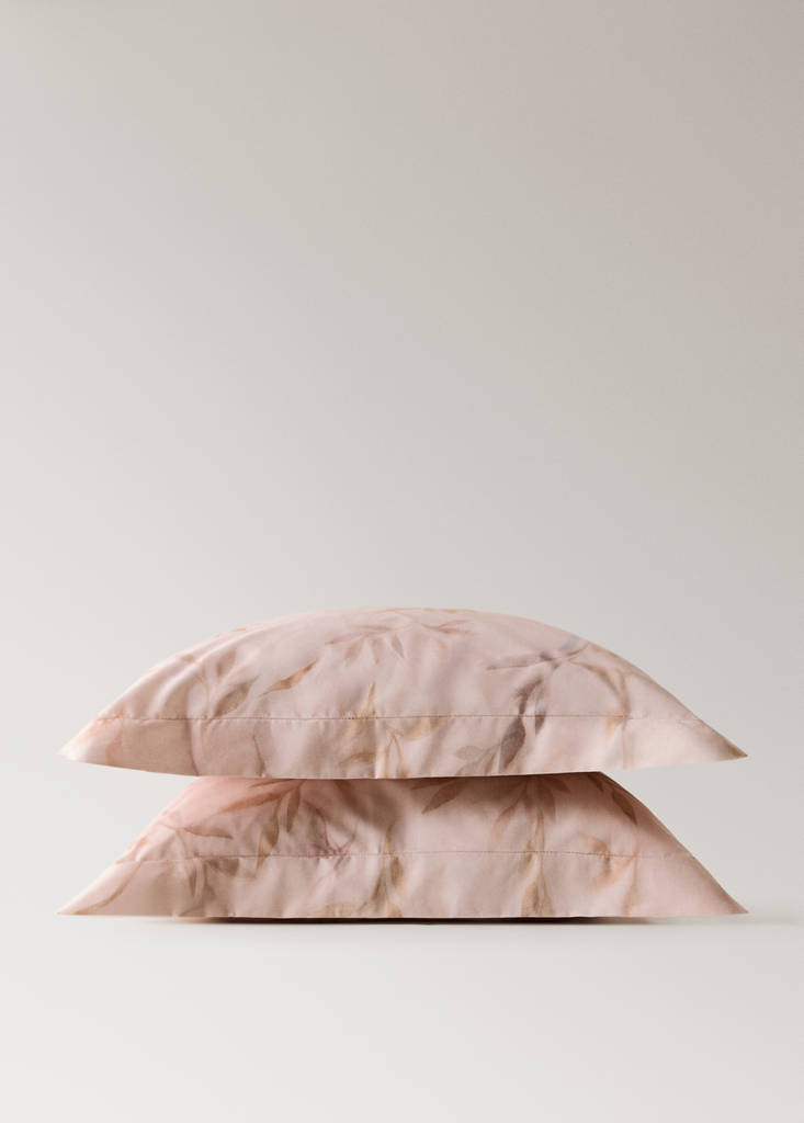 Two percale cotton pillowcases with leaf print 60x60cm — Peach