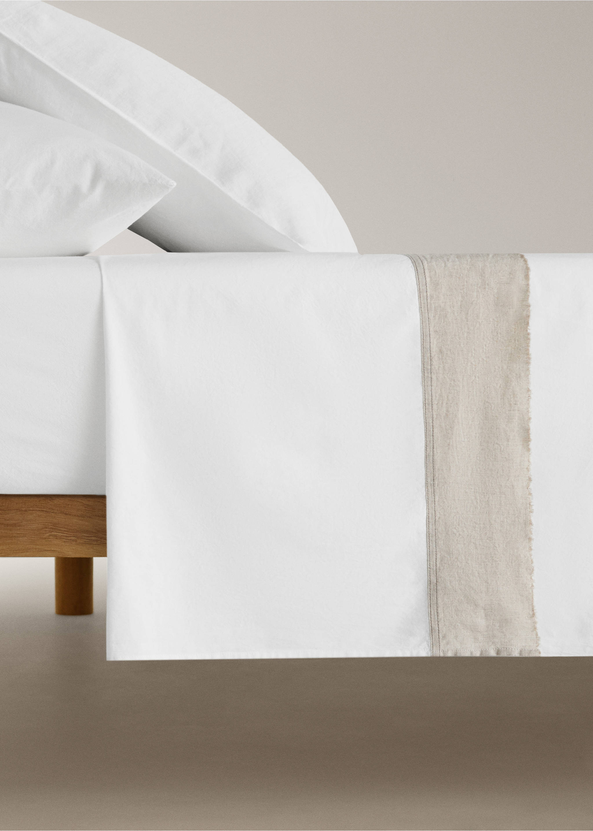 Washed cotton flat sheet with linen border Bed 200cm - Article without model, Sand. Ref: 27013291-00.