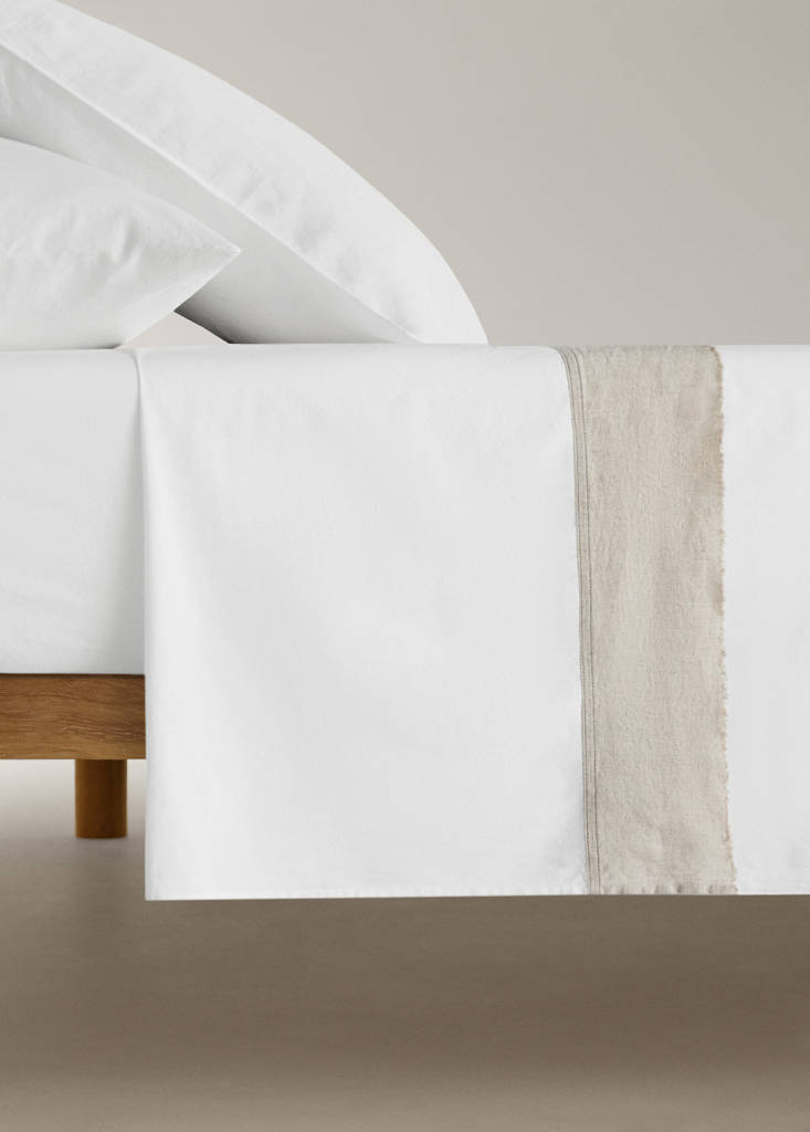 Washed cotton flat sheet with linen border Bed 200cm — Sand