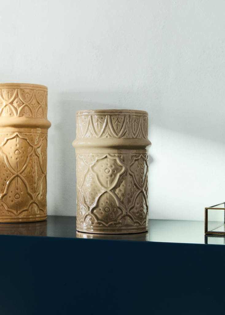 Large embossed stoneware vase — Olive Green