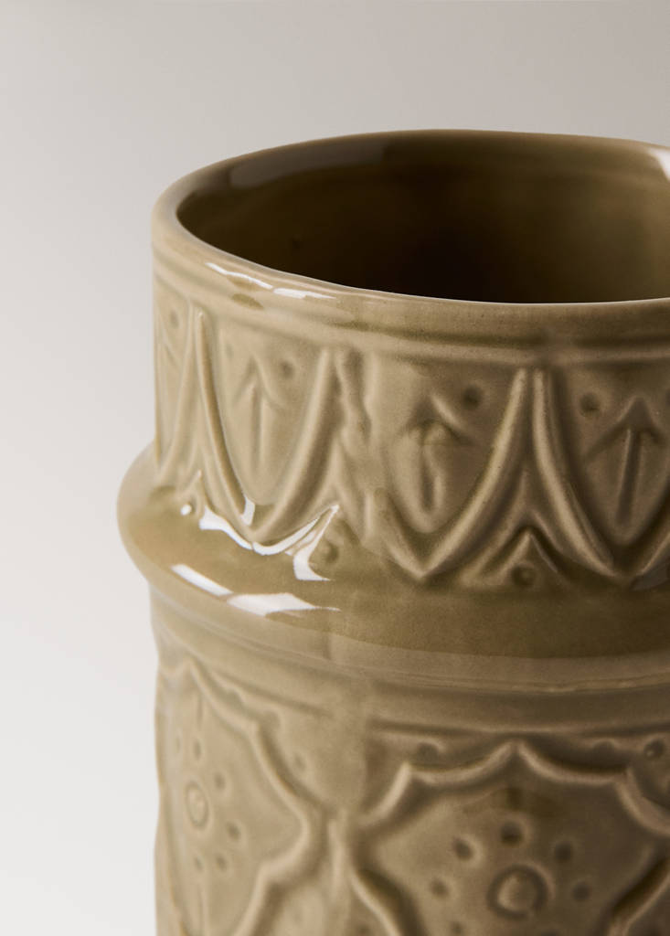 Large embossed stoneware vase — Olive Green