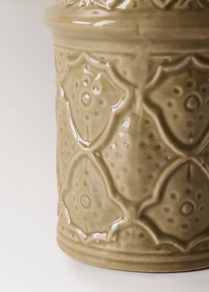 Large embossed stoneware vase — Olive Green