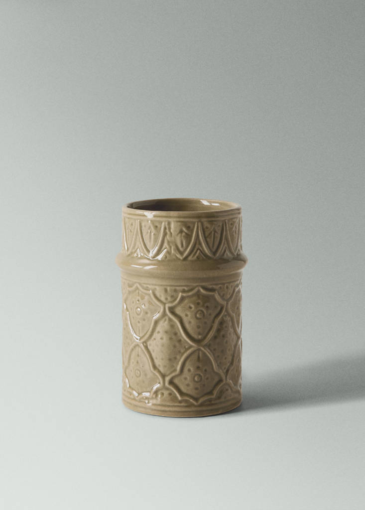 Large embossed stoneware vase — Olive Green