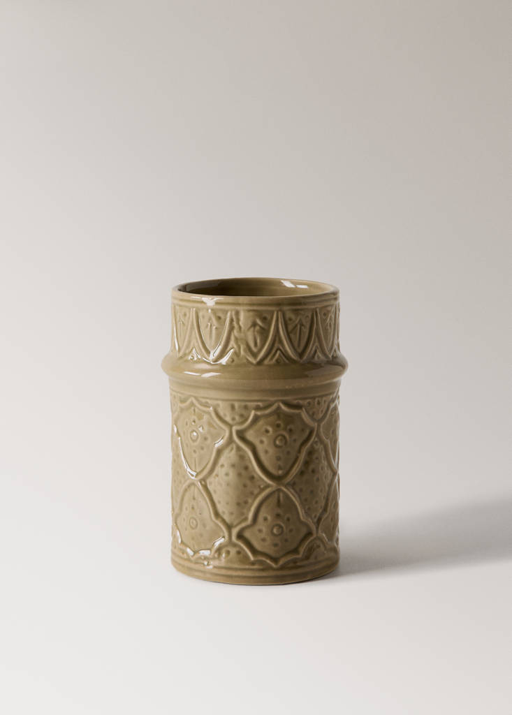 Large embossed stoneware vase — Olive Green
