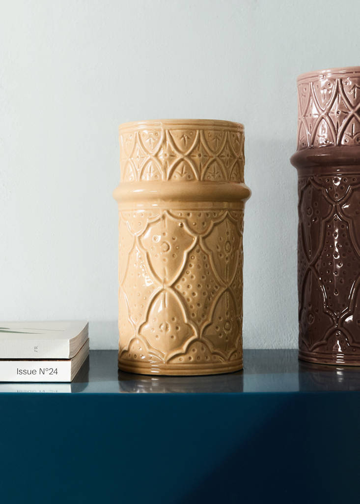 Large embossed stoneware vase — Ochre