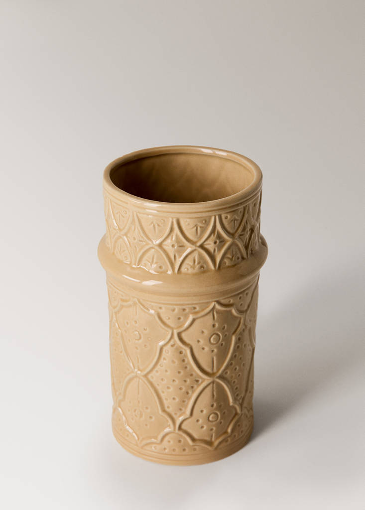 Large embossed stoneware vase — Ochre