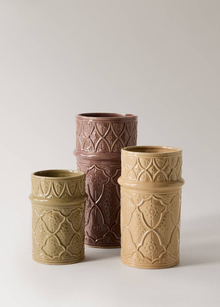 Large embossed stoneware vase — Ochre