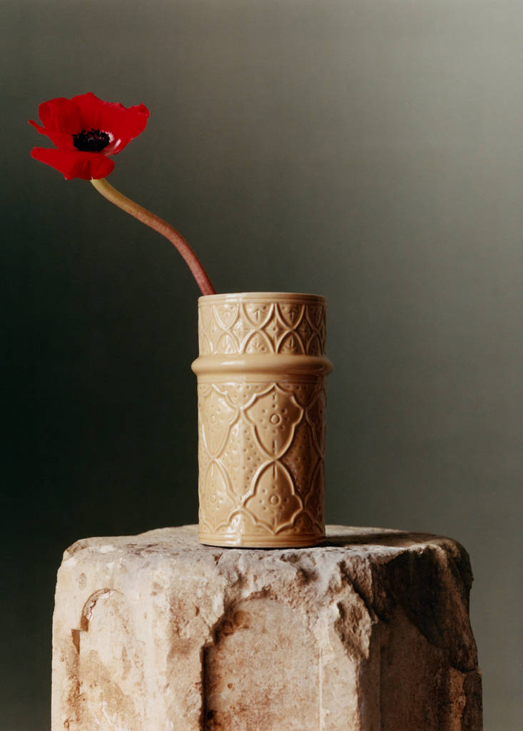 Large embossed stoneware vase — Ochre