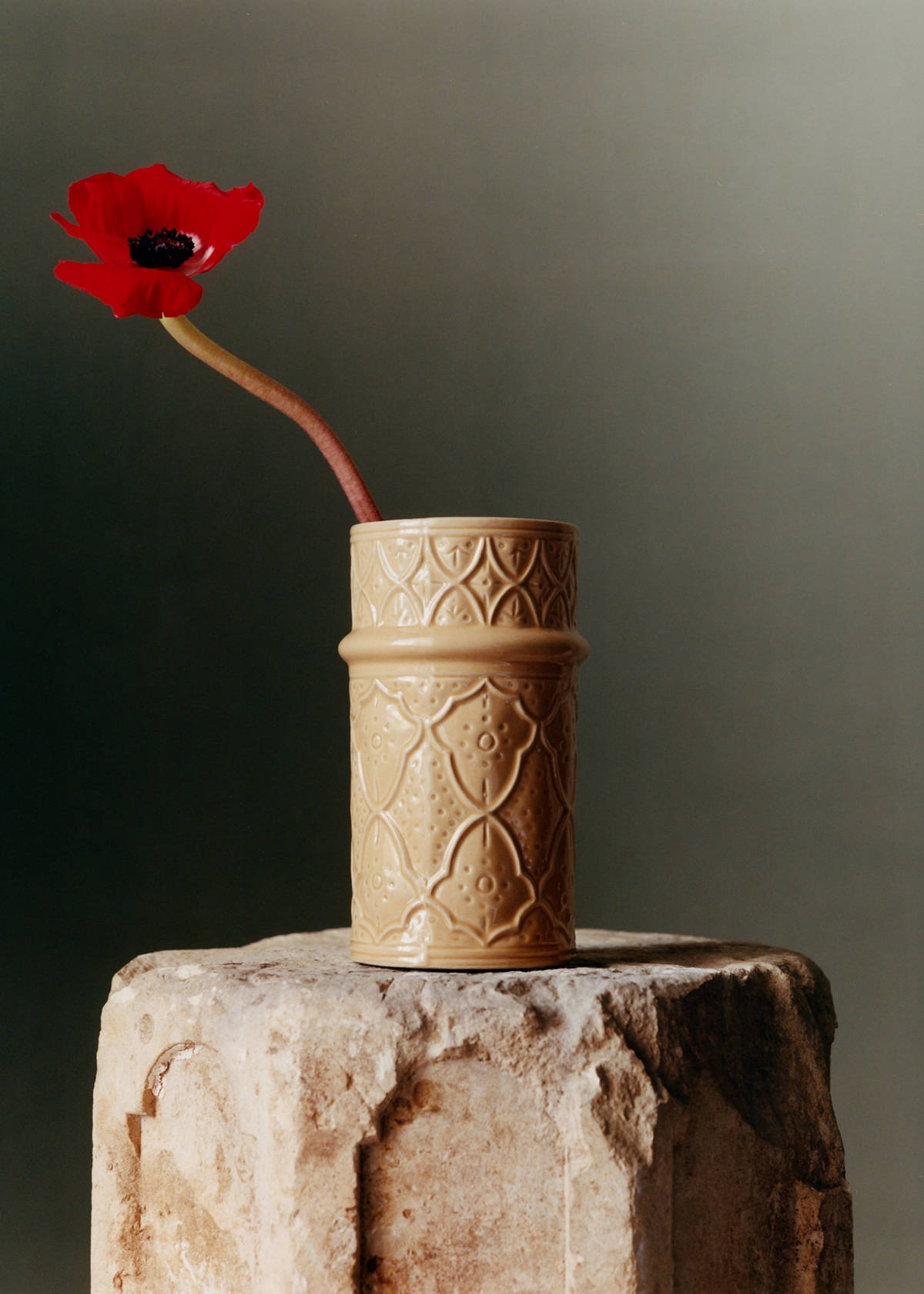 Large embossed stoneware vase — Ochre
