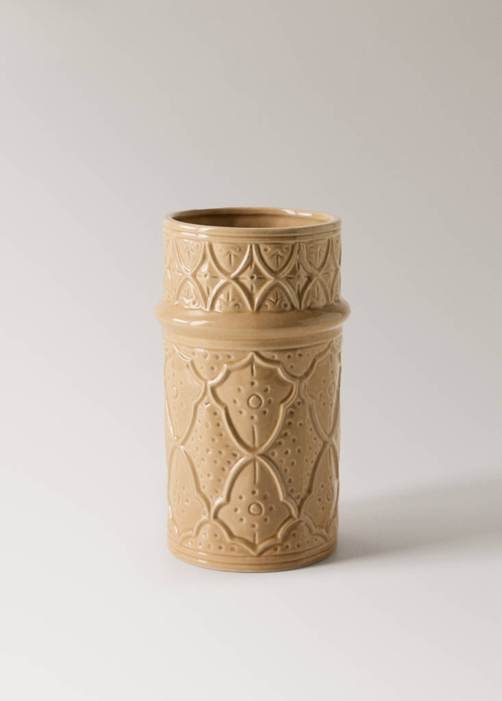 Large embossed stoneware vase — Ochre