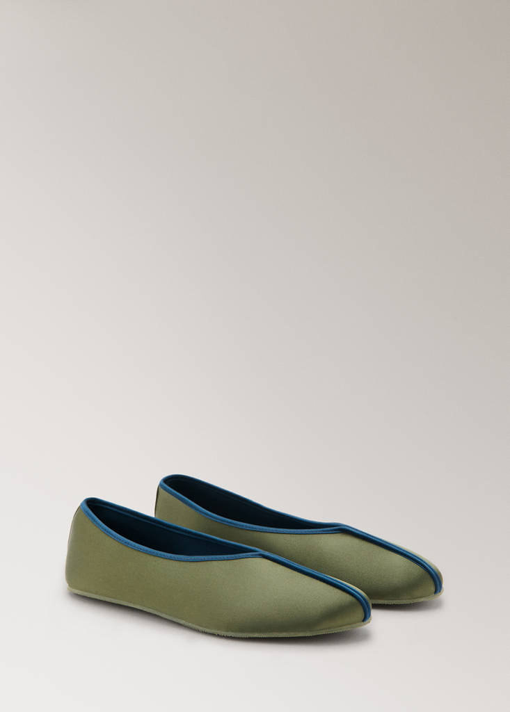 Satin ballet flats with contrast piping — Olive Green