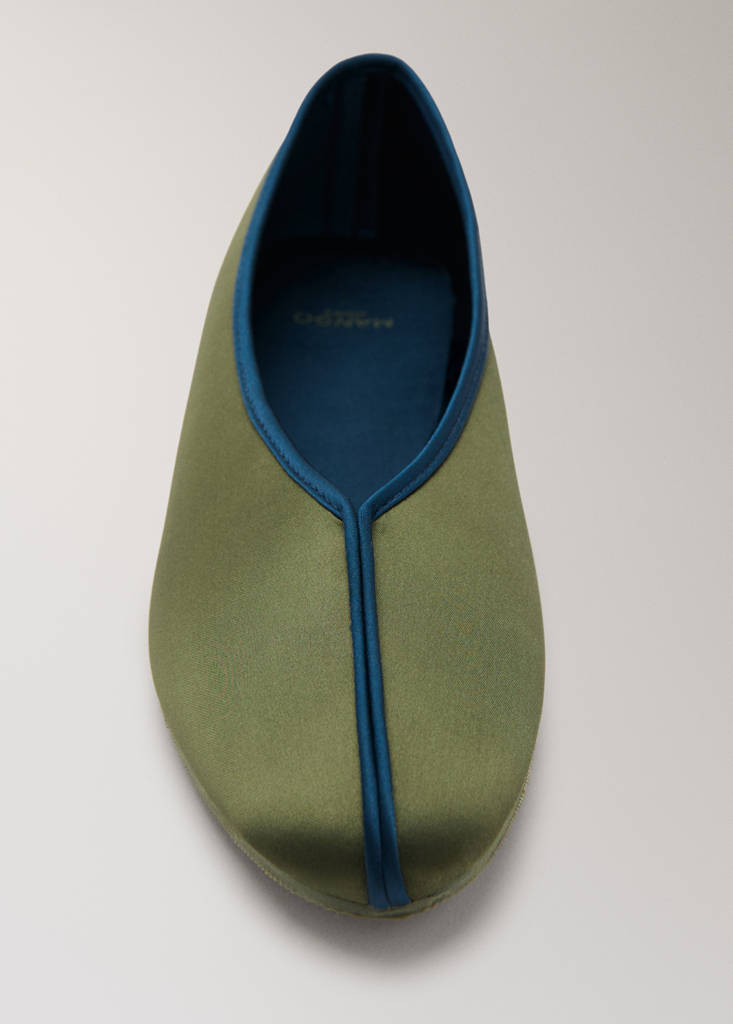 Satin ballet flats with contrast piping — Olive Green