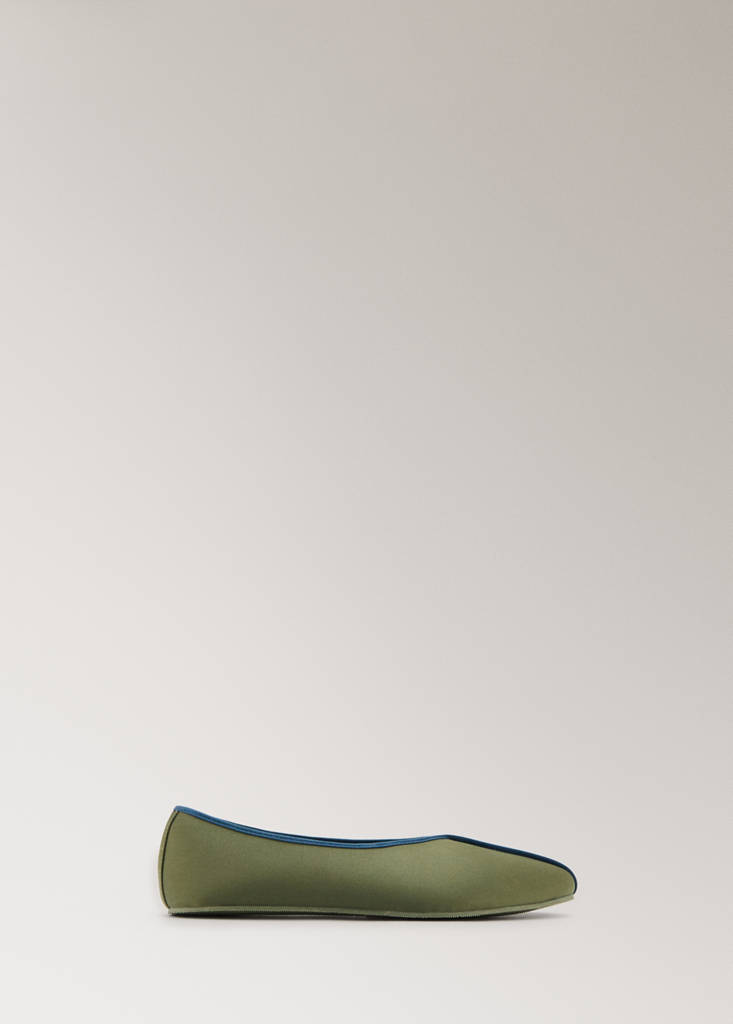 Satin ballet flats with contrast piping — Olive Green
