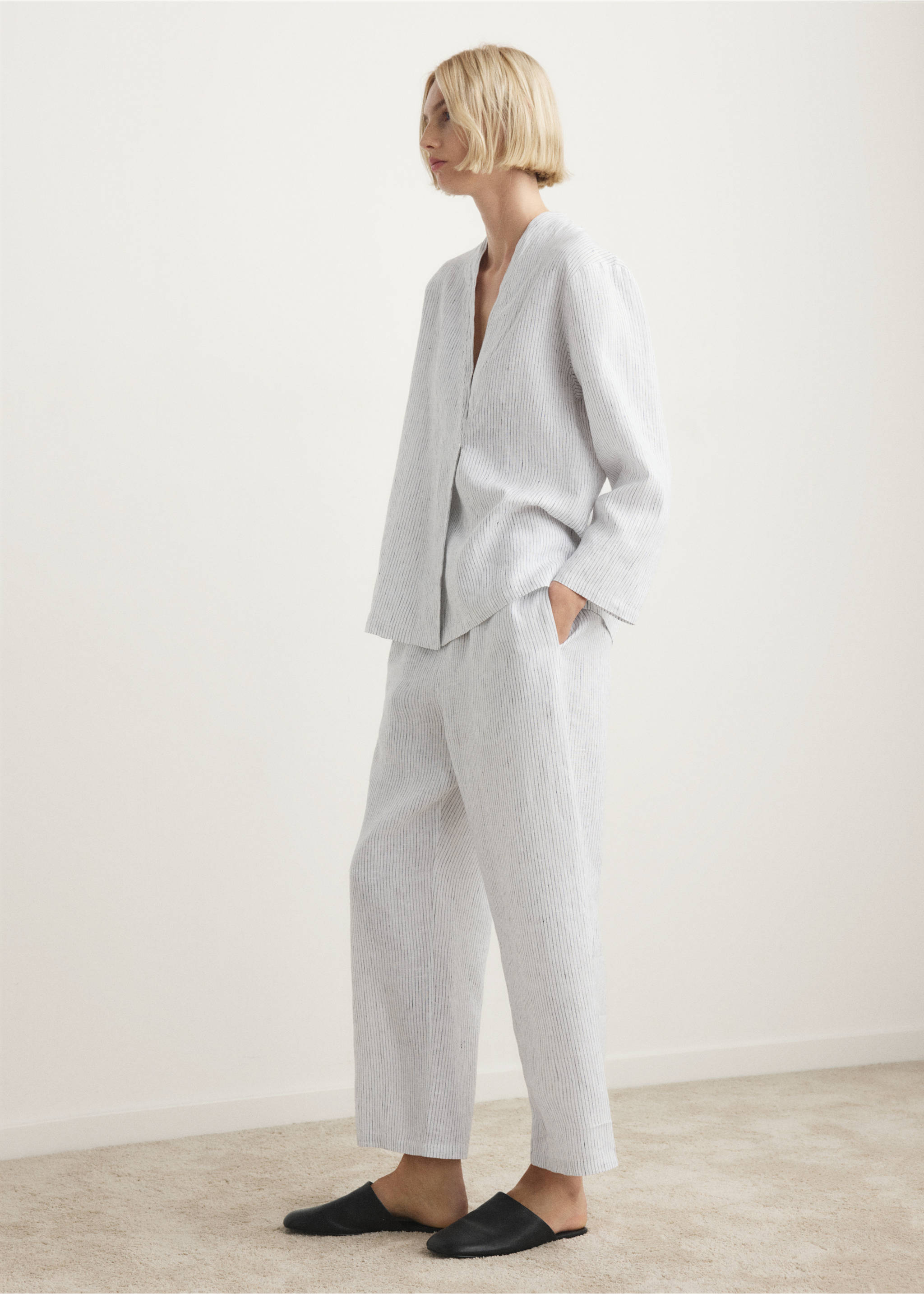 กางเกงนอนผ้าลินินลายริ้ว - เครื่องบินทั่วไป, สีขาว. Ref: 27013338-00.