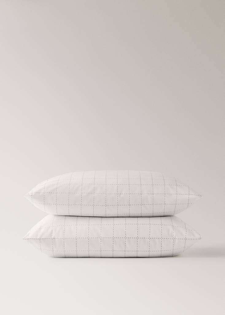 Two quilted percale cotton check pillowcases 60x60 cm — Off White