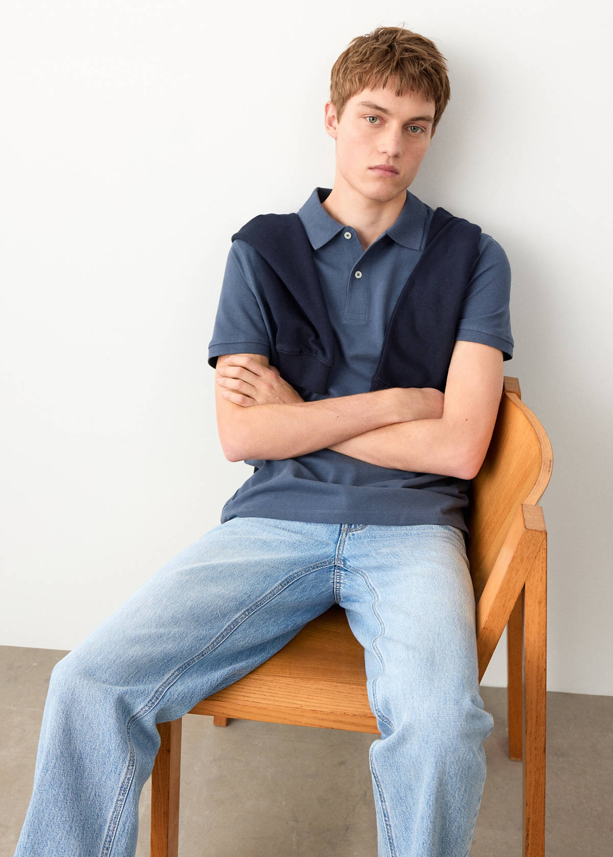 Short-sleeved cotton polo shirt — Navy