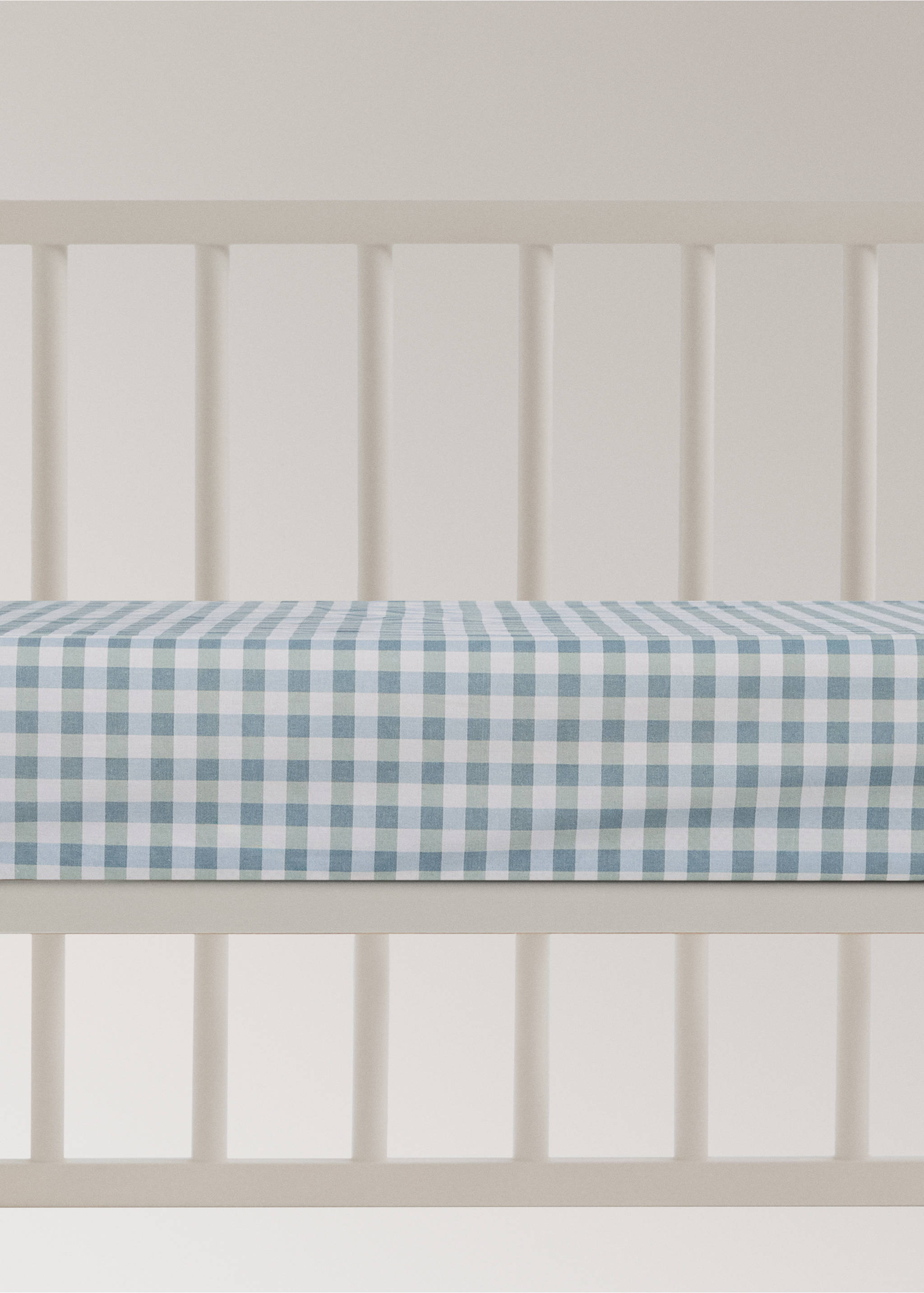 Cot bed fitted sheet in vichy check cotton - Article without model, Mint Green. Ref: 27014066-00.