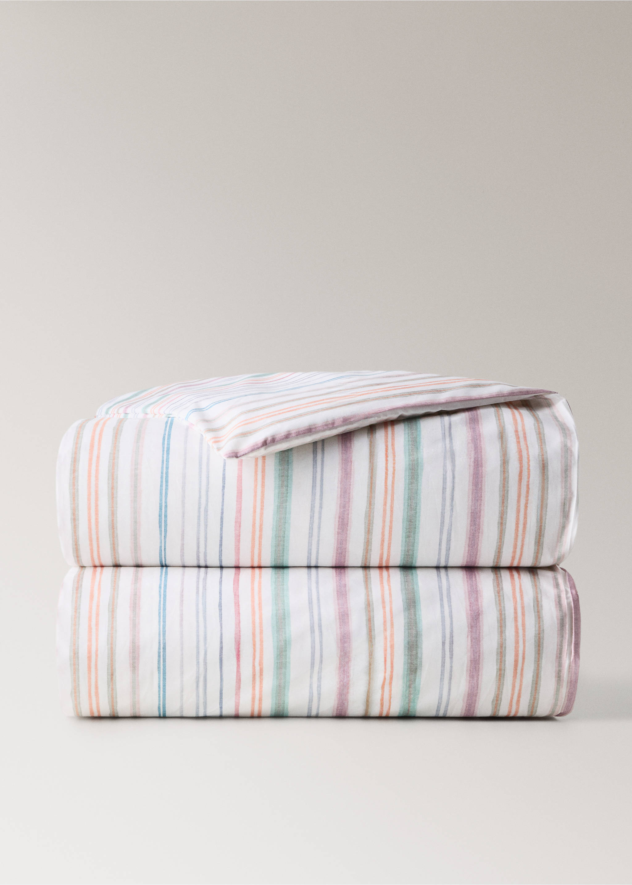 Multicoloured striped percale cotton duvet cover for a 90 cm bed - Article without model, Green. Ref: 27014071-00.