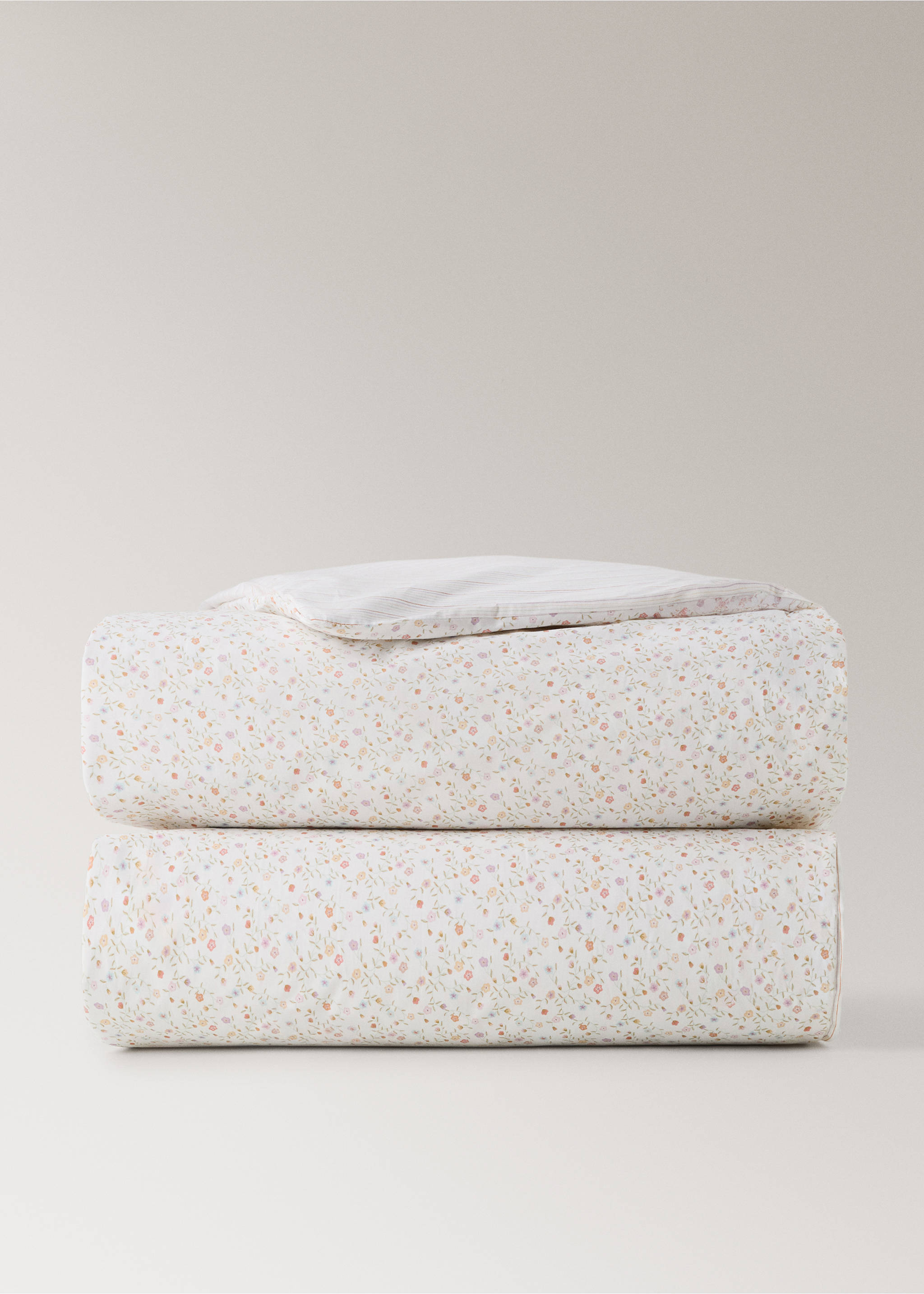 Children's reversible duvet cover stripes flowers Bed 135/140 cm - Article without model, Pink. Ref: 27014074-00.