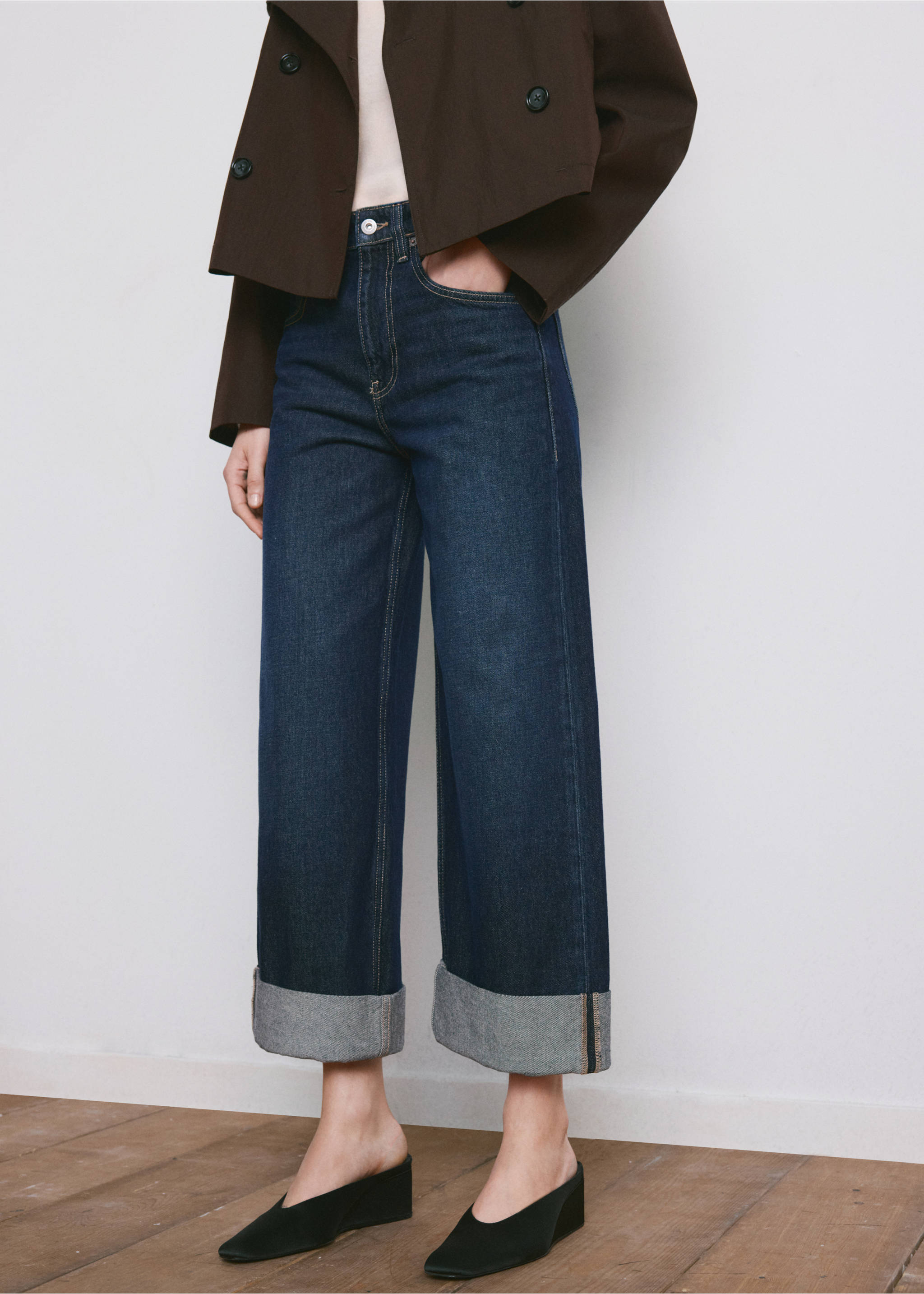 Wide leg jeans with turn-up hem - Medium plane, Open Blue. Ref: 27014078-00.