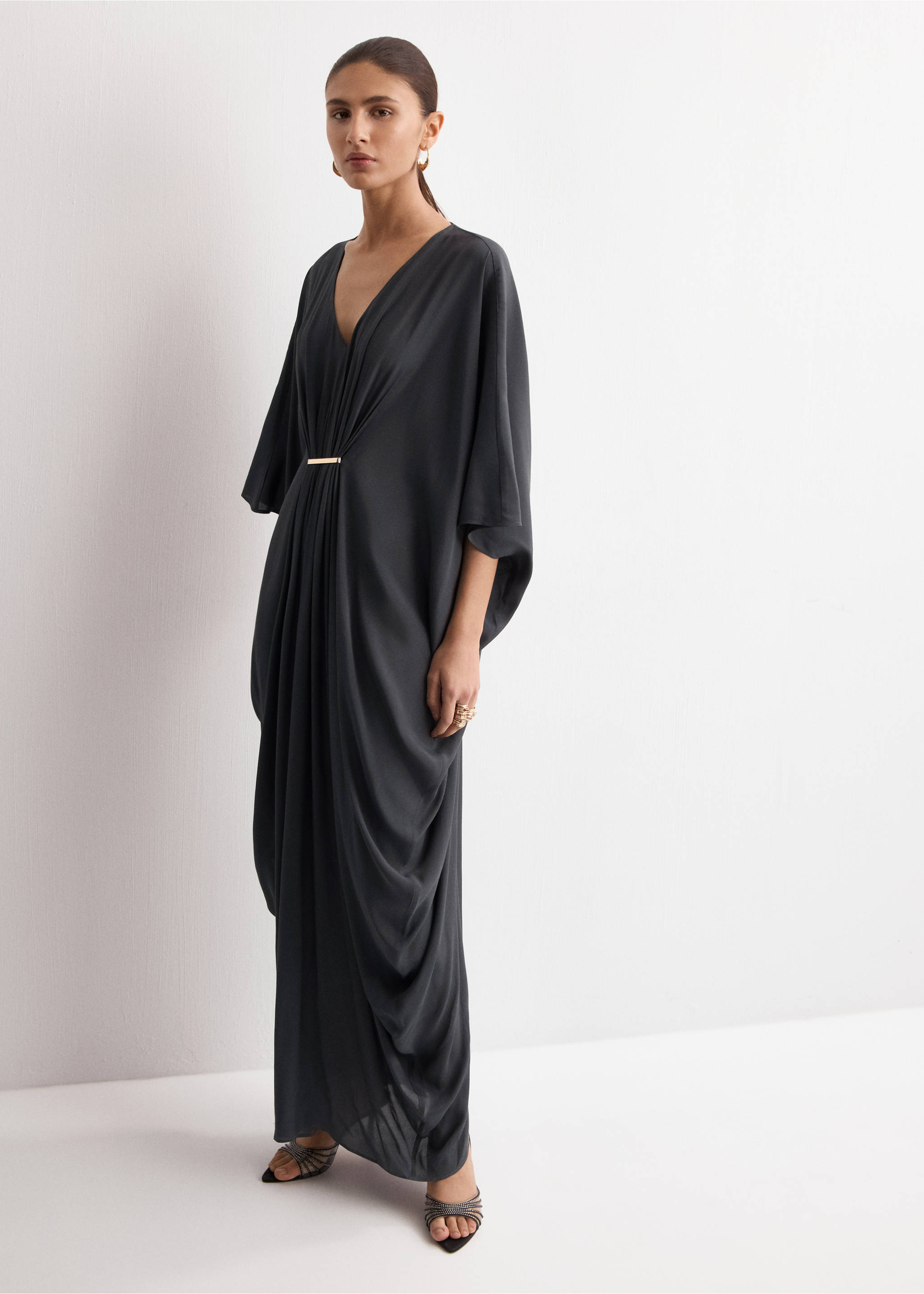 Draped dress with three-quarter length sleeves - General plane, Charcoal. Ref: 27014084-00.
