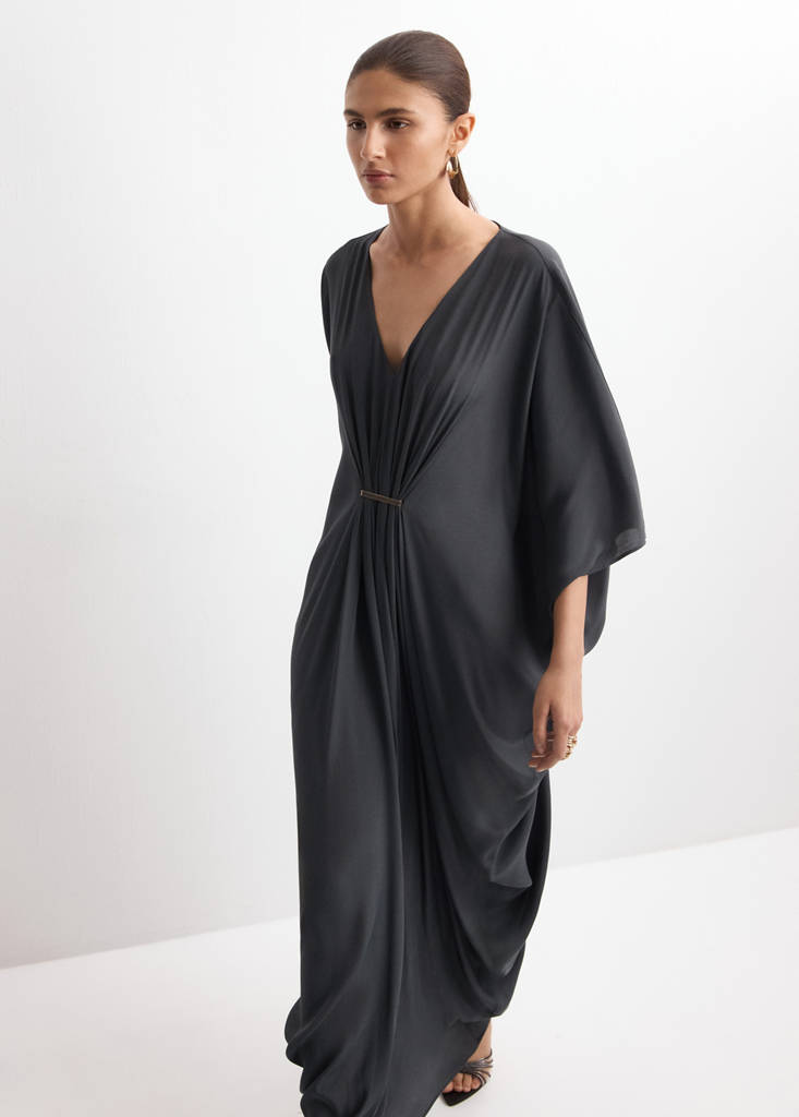 Draped dress with three-quarter sleeves