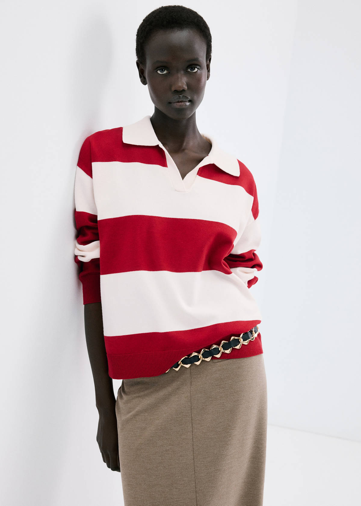 Striped polo-neck sweater — Red