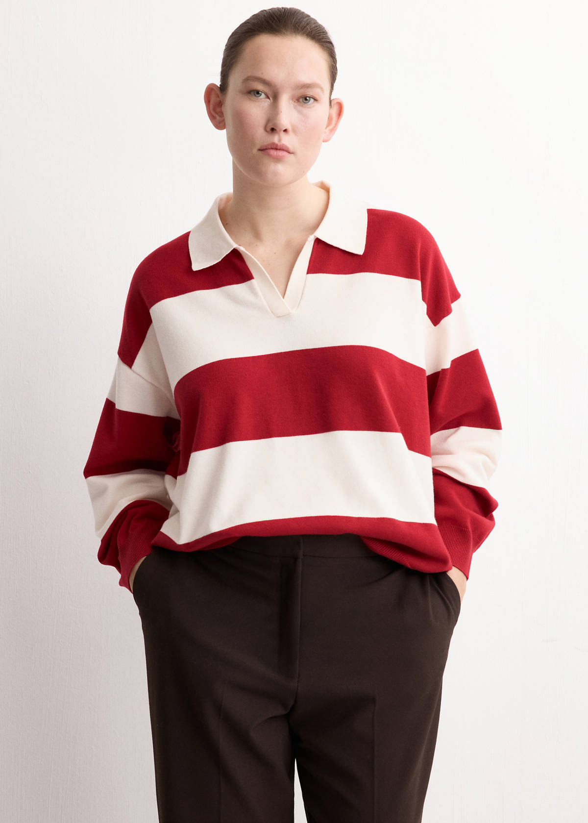 Striped polo-neck sweater — Red