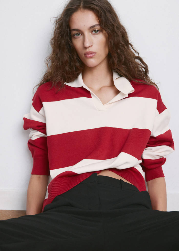 Striped polo-neck sweater — Red