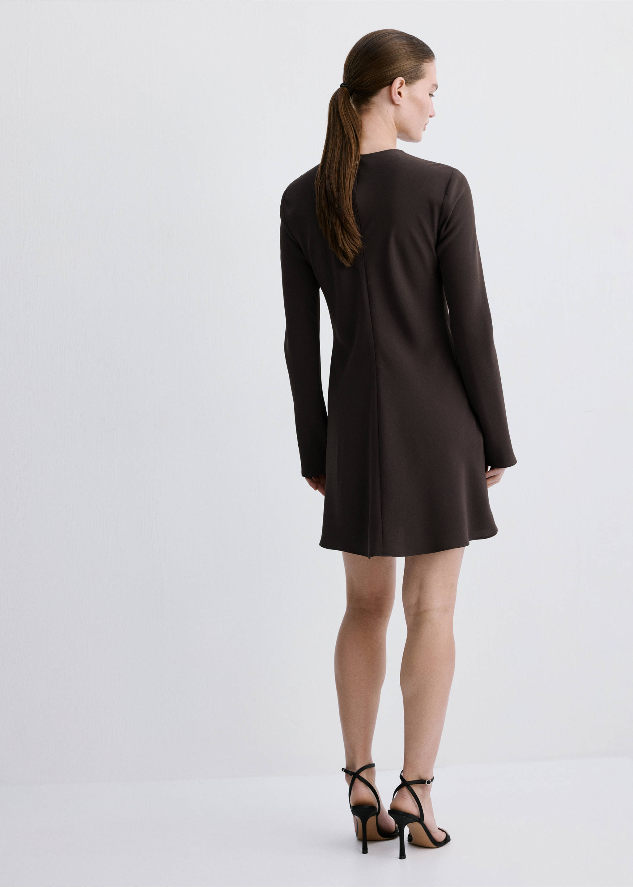 Long-sleeved dress with draped neck - Details of the article 1, Brown. Ref: 27014090-00.