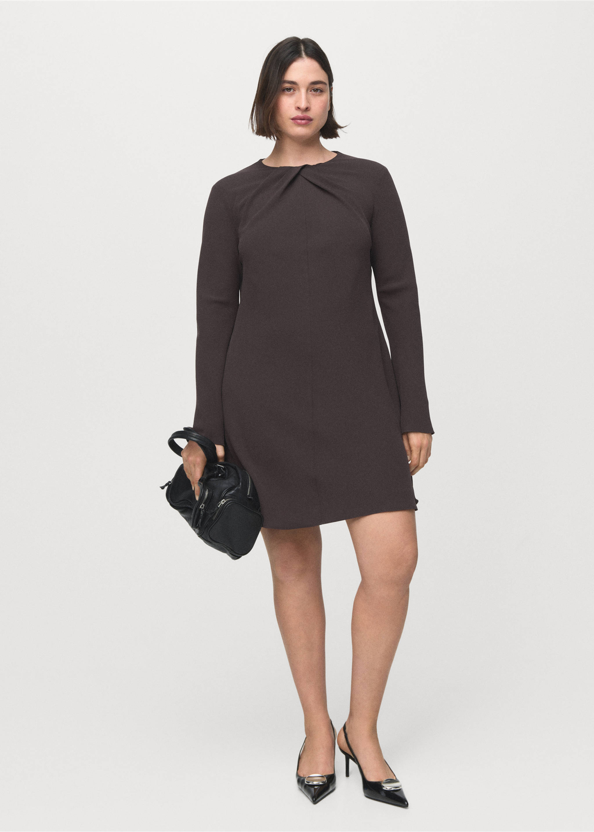 Long-sleeved dress with draped neck - Details of the article 3, Brown. Ref: 27014090-00.