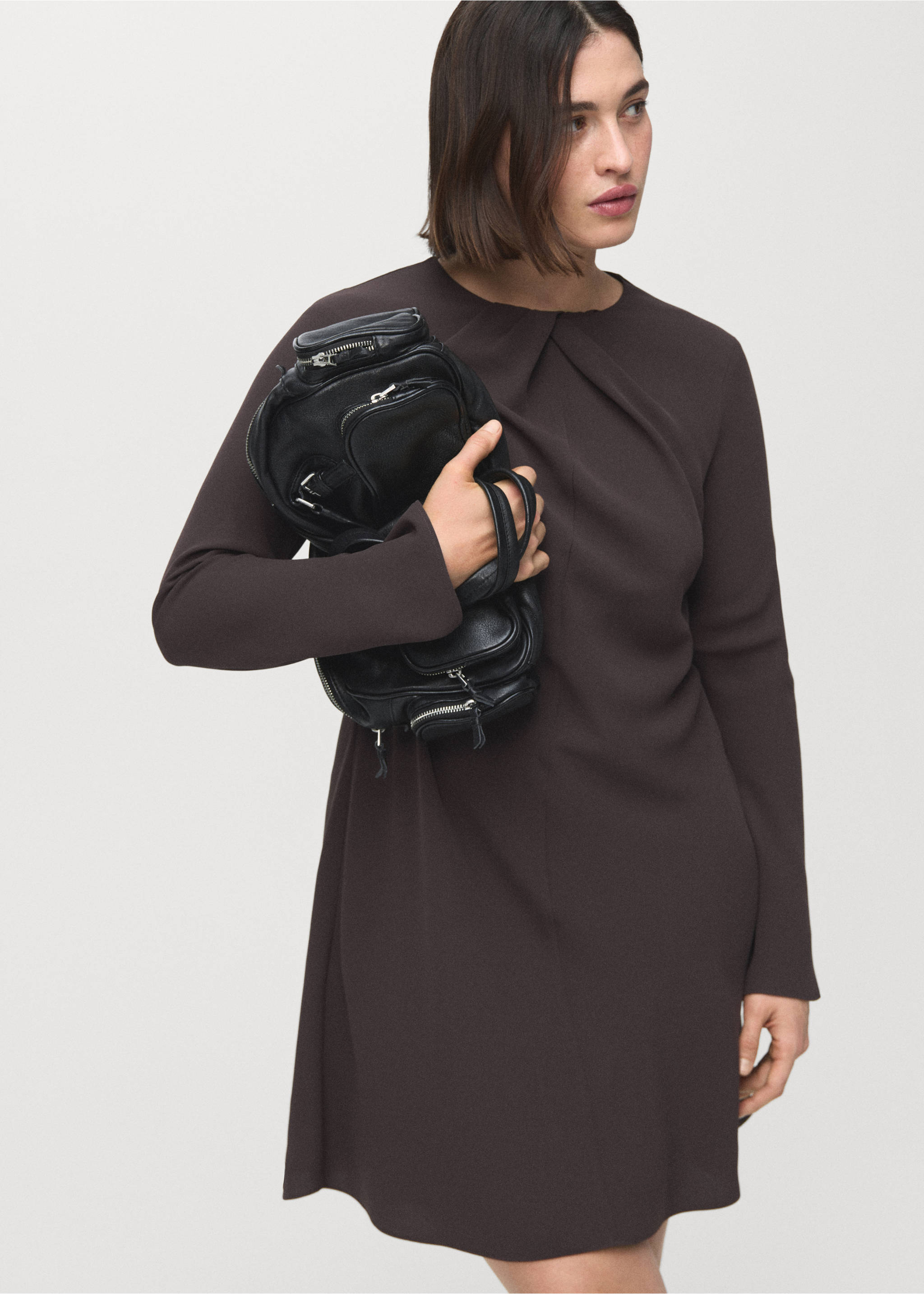 Long-sleeved dress with draped neck - Details of the article 4, Brown. Ref: 27014090-00.