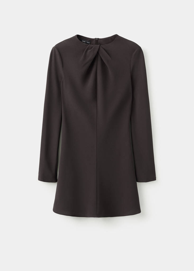 Long-sleeved dress with draped neck — Brown