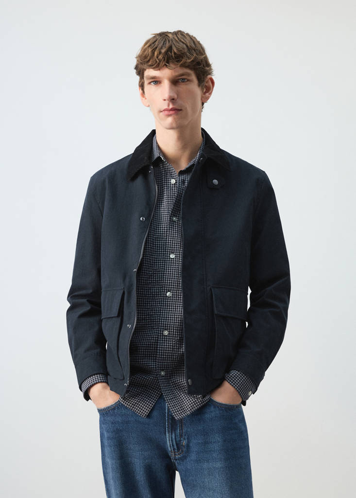 Water-repellent jacket with corduroy collar — Navy