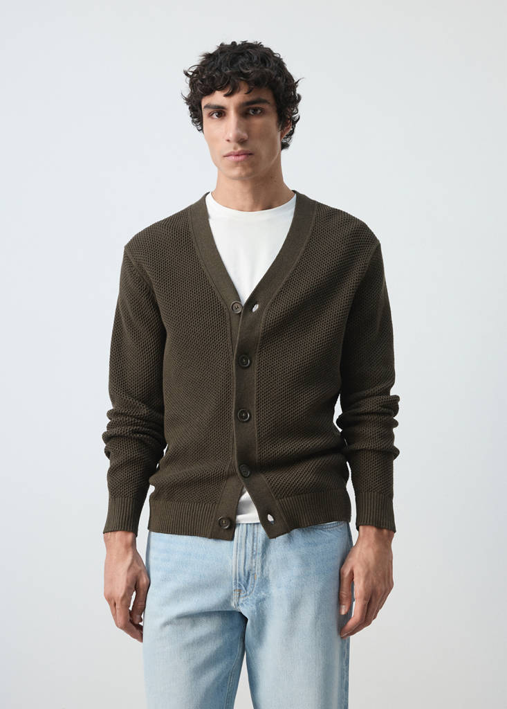 Mid-weight microstructure knit cardigan — Chocolate