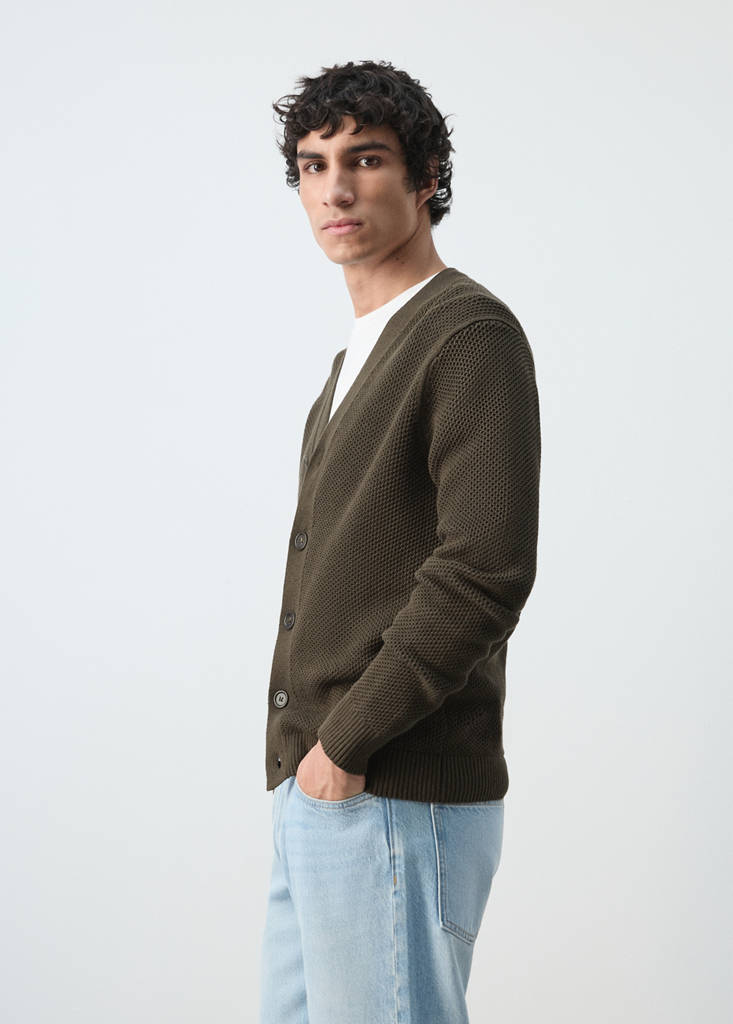 Mid-weight microstructure knit cardigan — Chocolate
