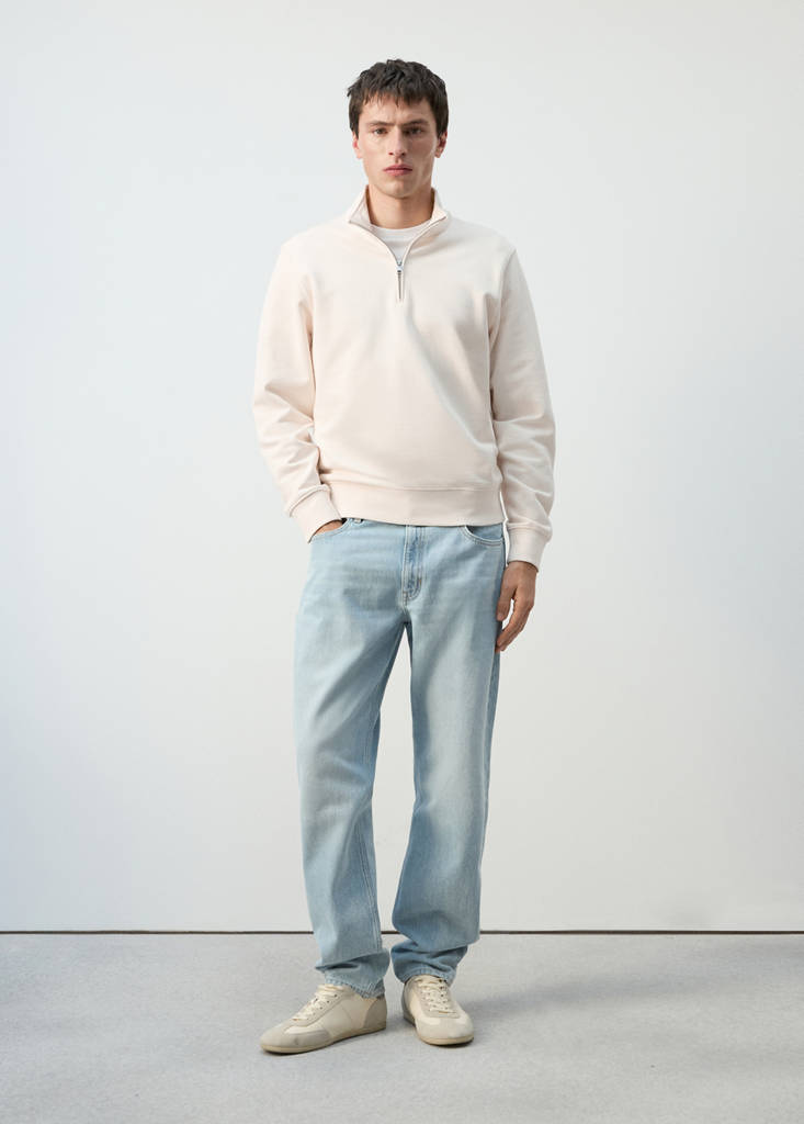 Zip neck sweatshirt 100% cotton lightweight — Ecru