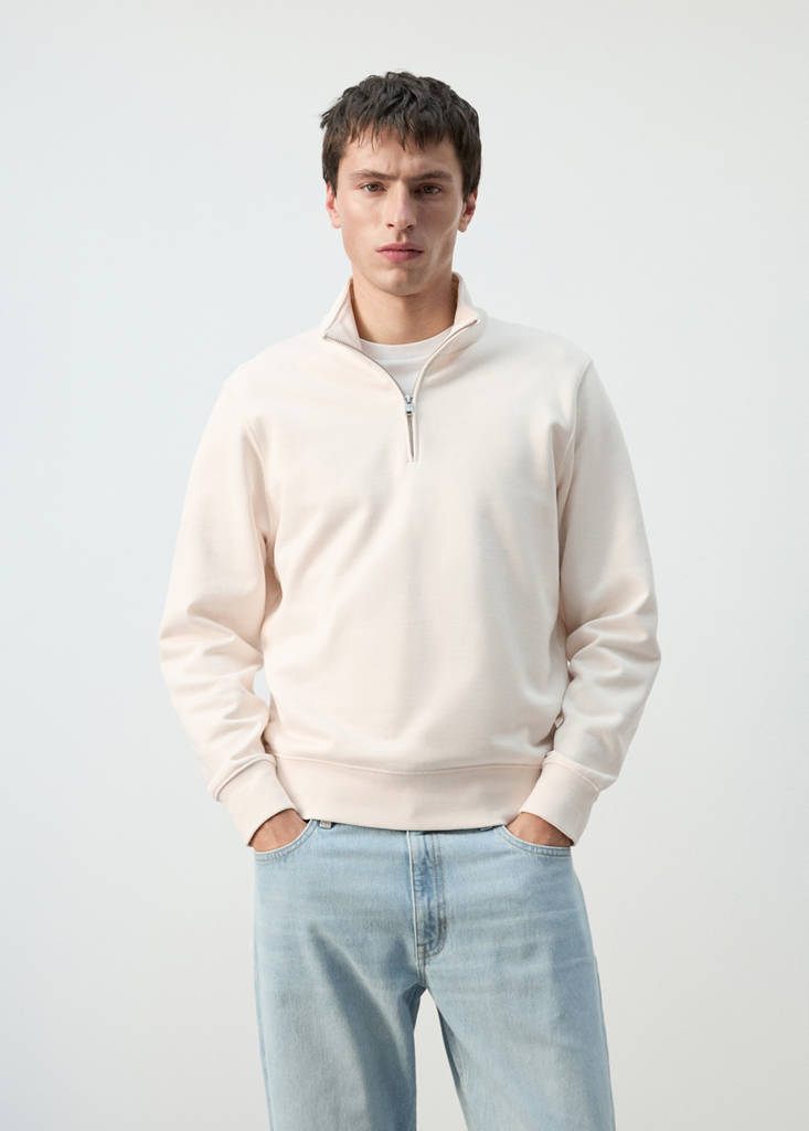 Zip neck sweatshirt 100% cotton lightweight — Ecru