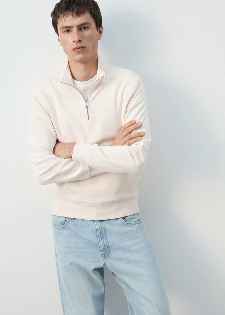 Zip neck sweatshirt 100% cotton lightweight — Ecru