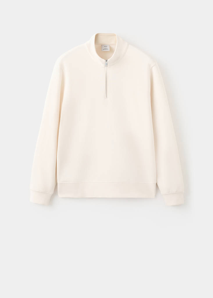 Zip neck sweatshirt 100% cotton lightweight — Ecru