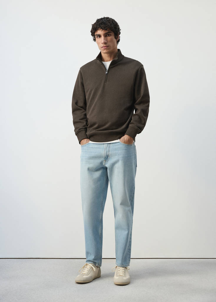 Zip neck sweatshirt 100% cotton lightweight — Chocolate