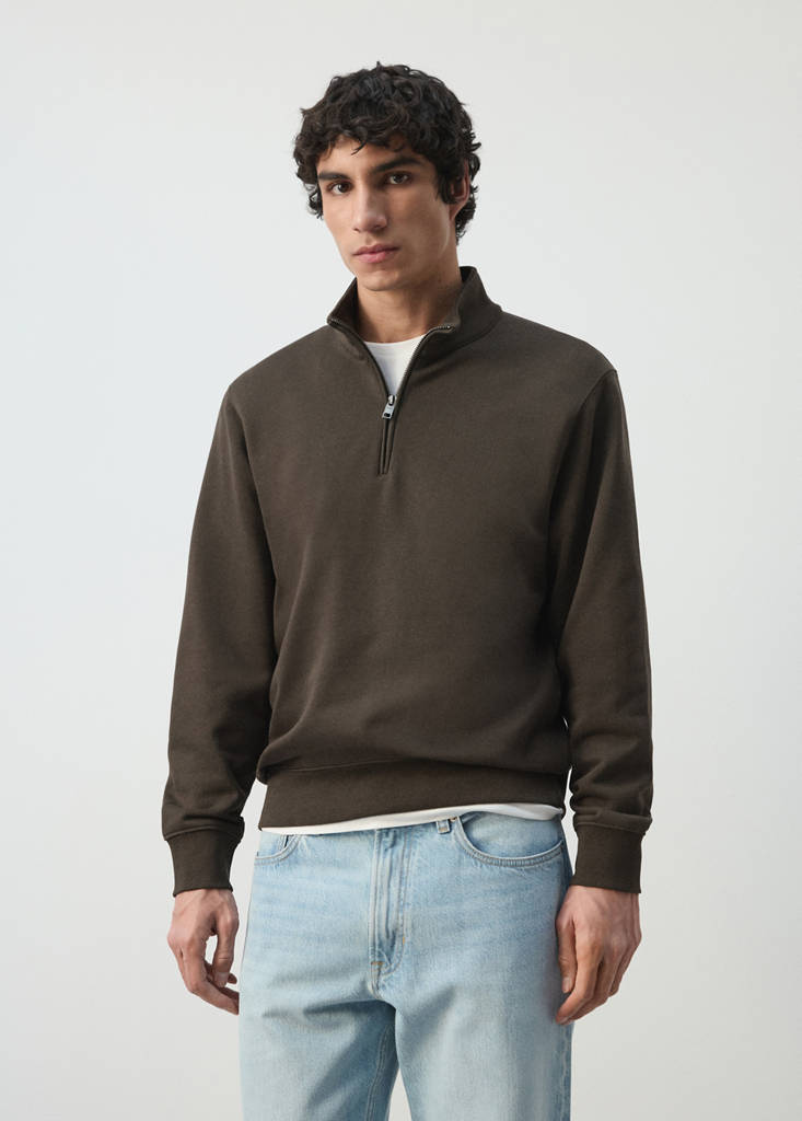 Zip neck sweatshirt 100% cotton lightweight — Chocolate
