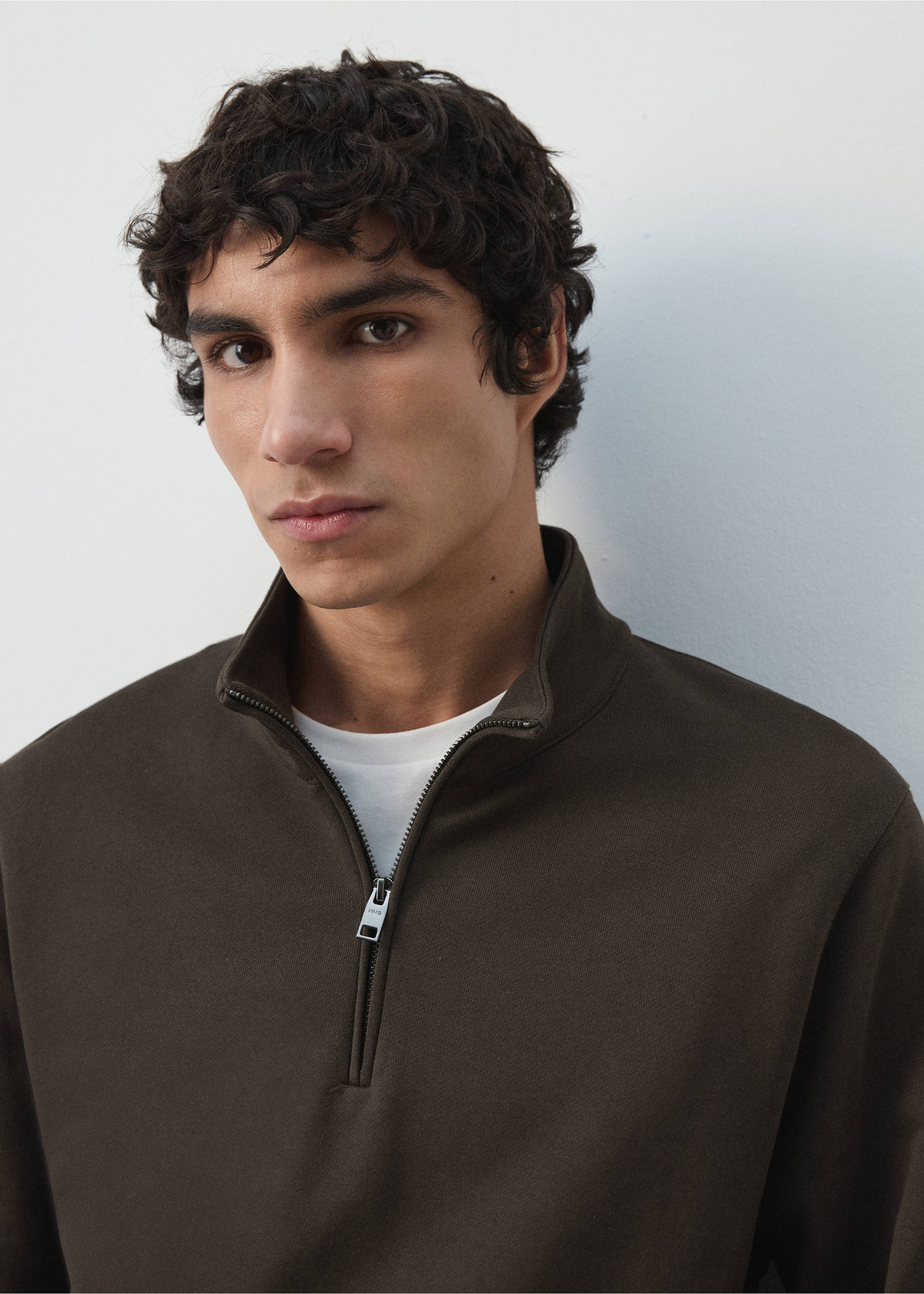 Zip neck sweatshirt 100% cotton lightweight - Details of the article 1, Chocolate. Ref: 27014433-00.