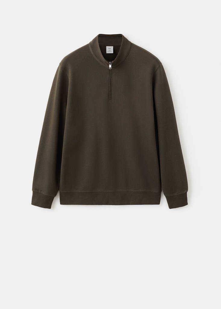 Zip neck sweatshirt 100% cotton lightweight — Chocolate