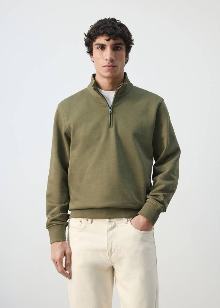 Zip neck sweatshirt 100% cotton lightweight — Dark Green