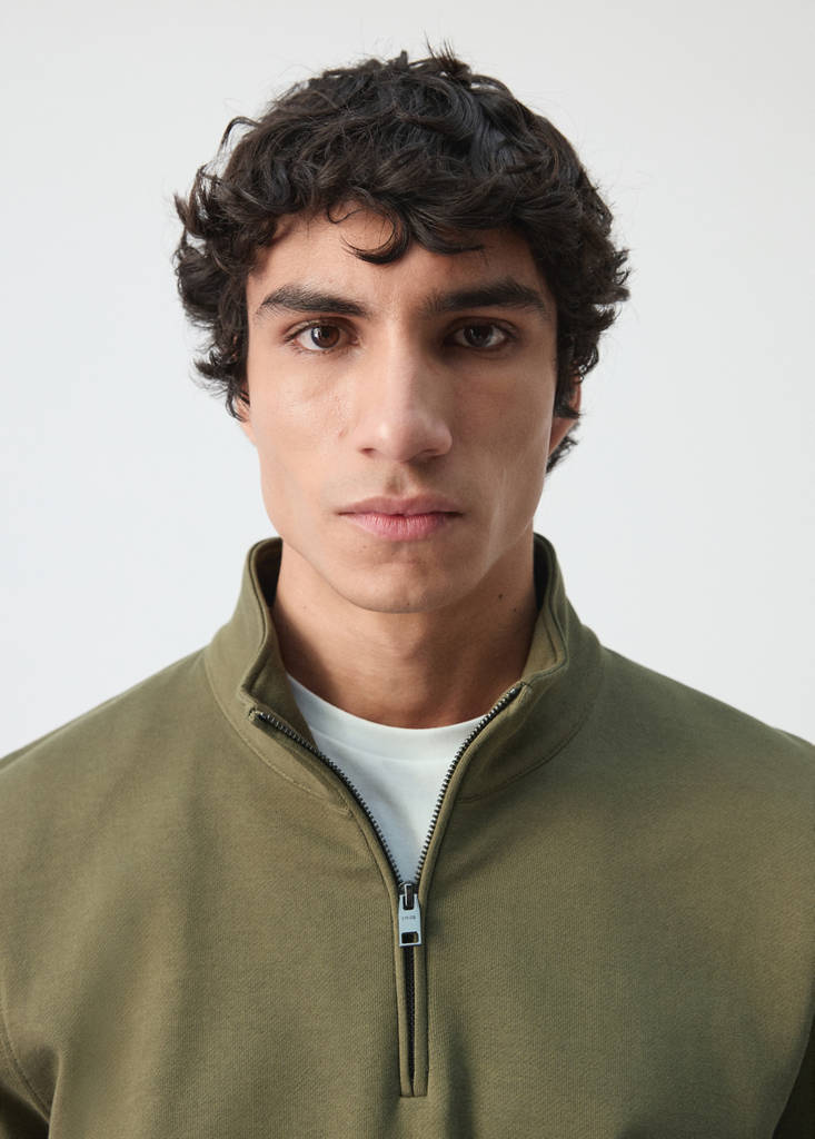 Zip neck sweatshirt 100% cotton lightweight — Dark Green