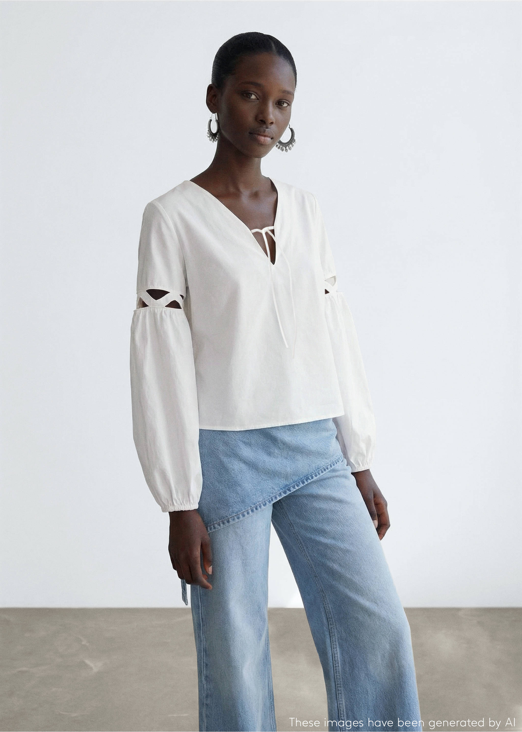 Хлопковая блузка с бантом - Средний план, Грязно-белый. Ref: 27014774-00.